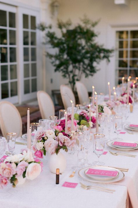 Pink Tablecloth Wedding, Pink Bridal Shower Theme, Pink Table Settings, House In California, Pink Tablescape, Pink Party Theme, Pink Tablecloth, Bridal Shower Inspo, Light Pink Wedding