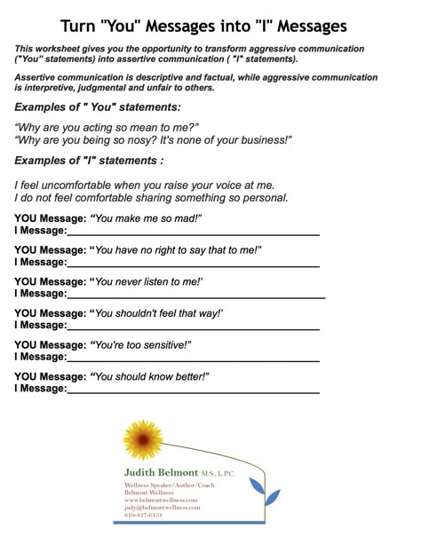 Turning Aggressive You MEssages into I messages I Messages, Couples Therapy Exercises, Couples Therapy Worksheets, Counseling Worksheets, Assertive Communication, School Social Work, Therapeutic Activities, I Am Statements, Counseling Activities