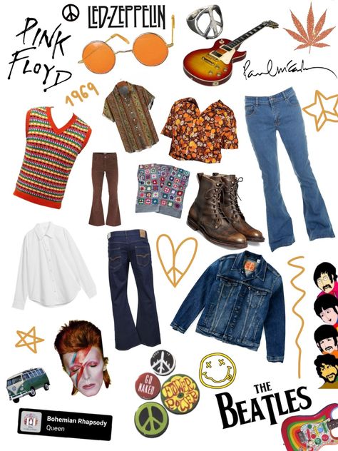 This is a photo with some hippie outfits and pictures of band logos such as the beatles, queen, pink floyd etc. it also contains some hippy stickers such as peace pins, guitars, etc. 60s Aesthetic Clothes, David Bowie Aesthetic Clothes, 1969 Aesthetic, Led Zeppelin Outfit, 60s Aesthetic Outfit, Pink Floyd Outfit, Beatles Outfit, Hippie Style 70s, Aesthetic 60s