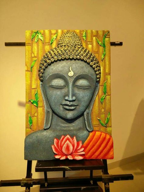 Mural Clay Painting On Canvas, Buddha Clay Art On Canvas, Buddha Clay Art, Punjabi Drawing, Clay Art On Canvas, Budha Art, Buddha Painting Canvas, Clay Painting, Buddha Artwork