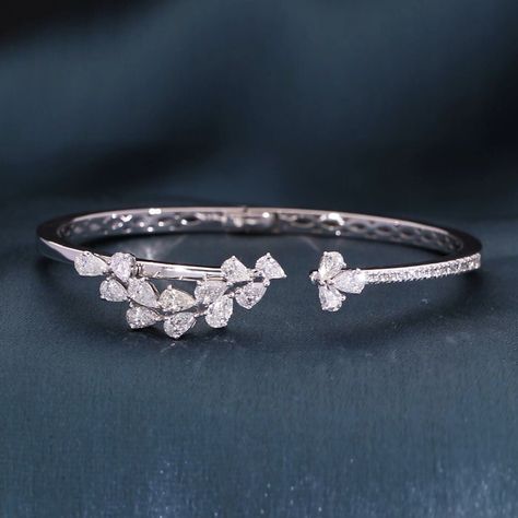 SI/H Pear Diamond Cuff Bangle 18k White Gold Bracelet Anniversary Gift 2.38 Ct. Fancy Diamond Bracelet, Light Weight Diamond Bracelet, Diamond Kada Bracelets, Moissanite Jewellery, Solid Gold Bangle, Bangle Diamond, Diamond Cuff Bracelet, Diamond Bangles, Diamond Bangle Bracelet