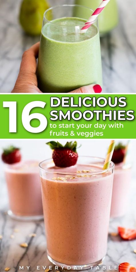 Smoothies are a delicious and healthy way to start your day. Packed with fruit, (and sometimes even veggies), protein, flavor, and plenty of energy, they are a great way to enjoy breakfast on-the-go. These nutritious smoothies will keep you going strong until lunchtime or give you the boost you need after a workout. Perfect for summer! Frozen Drink Recipes, Champagne Recipes Cocktails, Frozen Cocktail Recipes, Veggie Smoothies, Delicious Smoothies, Chilled Desserts, Fruit And Veggie, Strong Drinks, Flavorful Vegetables