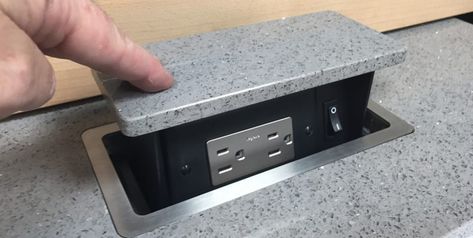 Island Outlet Ideas, Hiding Outlets In Kitchen, Kitchen Island Outlet Ideas, Kitchen Island Outlet, Countertop Outlets, Outlet Ideas, Pop Up Outlets, Home Engineering, Stone Countertop