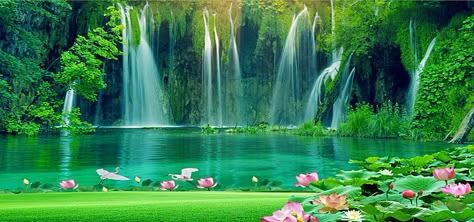 Landscape paintings Landscape Wall Painting, Waterfall Background, Motif Jungle, Waterfall Scenery, Waterfall Wallpaper, Photoshop Backgrounds Free, Pond Waterfall, Photography Studio Background, Waterfall Landscape