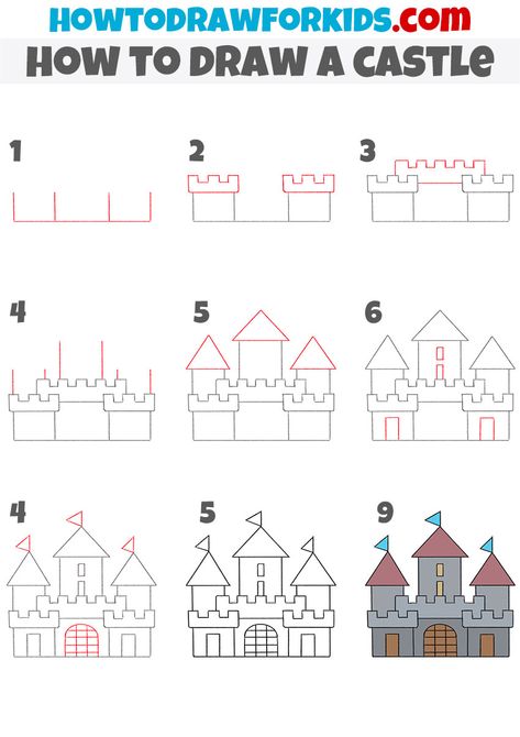 Castle Drawing Sketches Easy, How To Draw A Castle, Simple Castle Drawing, Bedroom Drawings, Draw Castle, Castle Drawing Easy, Draw A Castle, Simple Castle, Disney Castle Drawing