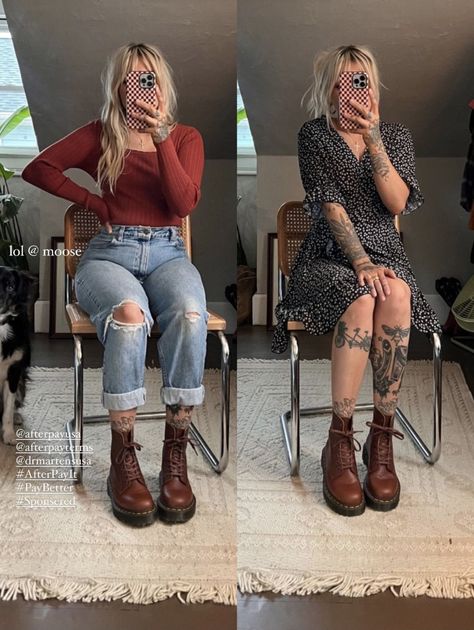 Fall Fashion Dr Martens, Female Hipster Outfits, Punk Rock Mom Style, Cute Outfits Doc Martens, Interview Outfit Midsize Women, Subtle Alternative Fashion, Dresses To Wear With Doc Martens, Date Night Outfit Doc Martens, Tan Doc Martens Outfit