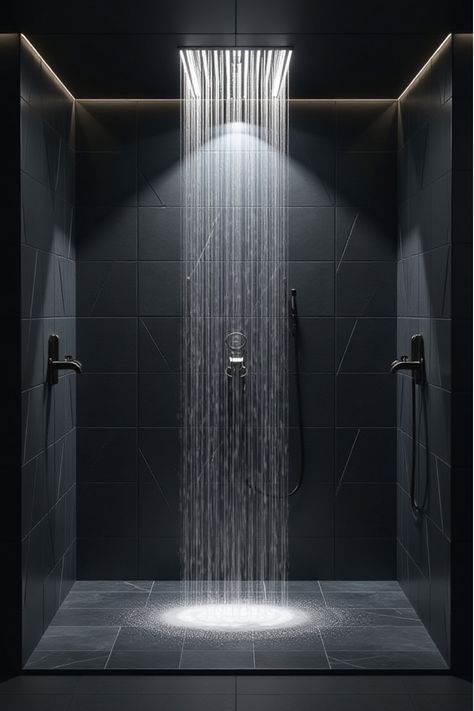 High-tech black shower system with glass enclosure and mood lighting Shower Led Strip Lighting, Bathroom Fixtures Ideas, Modern Bathroom Fixtures, Bathroom Oasis, Luxury Shower, Brass Fixtures, Dream Bathroom, Led Strip Lighting, Luxury Bathroom