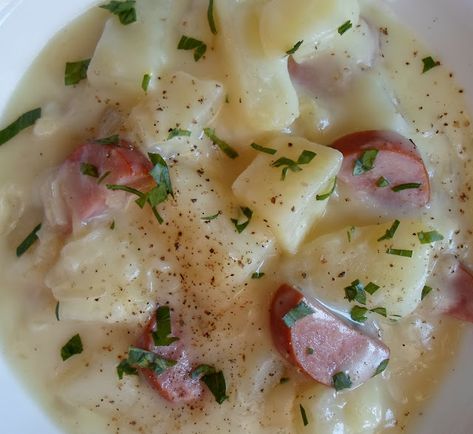 Happier Than A Pig In Mud: Creamy Potato, Sausage and Sauerkraut Soup -Oktoberfest or Any Day Saurkraut And Kielbasa, Sausage And Sauerkraut, German Potato Soup, Kielbasa Soup, Kielbasa And Potatoes, Sausage Sauerkraut, Potato Sausage, Sausage Potato Soup, Sauerkraut Soup