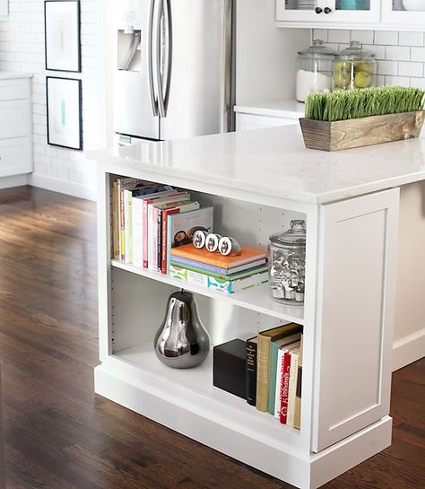 kitchen - place for books Kitchen Island Bookshelf, Island Bookshelf, Kitchen Island Ends, Kitchen Bookcase, Kitchen Bookshelf, Cookbook Shelf, Unique Kitchen Design, Blue Cabinets, Diy Kitchen Island