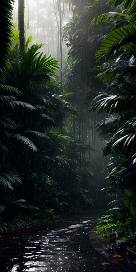 The image is a tall, narrow, vertical rectangle. It is a photo of a rainforest. The rainforest is very dense and green. The trees are tall and the leaves are large and lush. The ground is covered in plants. There is a river running through the middle of the rainforest. The river is wide and slow-moving. The water is clear and green. There is a small waterfall in the background. The waterfall is hidden by the trees. The rainforest is very quiet and peaceful. The only sound is the sound of the river flowing. Dark Rainforest, Rainforest Aesthetic, Vietnam Jungle, Heroes Theme, Jungle Waterfall, Fav Flower, Nature Reference, Rain Aesthetic, Amazon Forest