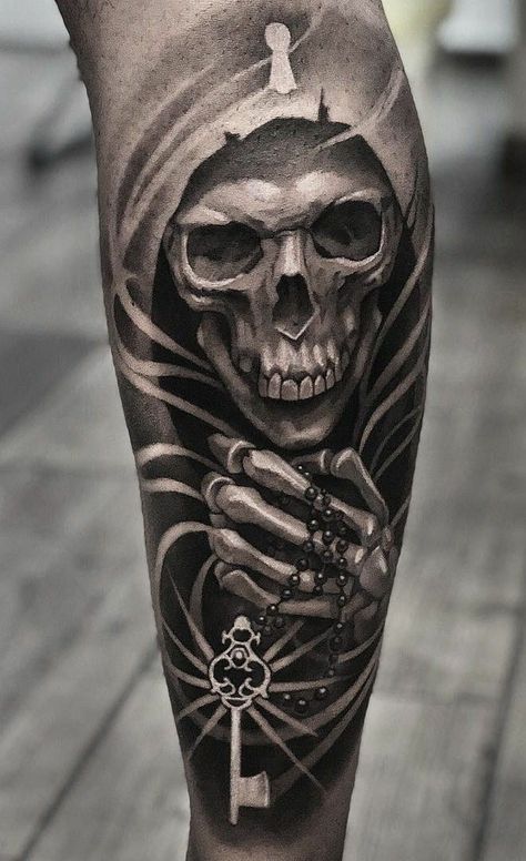 Grim Reaper Tattoos, Aztec Tattoos Sleeve, Evil Skull Tattoo, Grim Reaper Tattoo, Mexican Art Tattoos, Reaper Tattoo, Skull Sleeve Tattoos, Skull Sleeve, Skeleton Tattoos