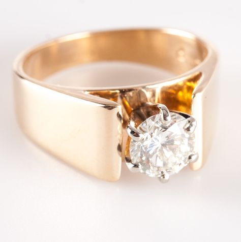 14k Yellow Gold Round H SI1 Diamond Solitaire Wide Style Engagement Ring .75ctwMetal Information: 14k Yellow GoldTotal Weight: 5.60gBand Width: 3.1mmSize: 5Stone InformationMain StoneGem Type: DiamondShape: Round (5.80mm)Color: HClarity/Quality: SI1Carat Weight: .75ctNumber of Stones: 1Total estimated ctw (carat total weight): .75ctwEstimated Retail Price: $7030.00OUR PRICE: $5625.00SizingMany of our pieces can be re-sized at the buyers request. Please email us if you require our skilled profess Thick Gold Band Engagement Ring With Diamond, Yellow Gold Engagement Ring Thick Band, Thick Gold Engagement Ring, Thick Gold Band Engagement Ring, Unique Round Engagement Ring, Diamond Ring Designs Unique, Thick Band Engagement Ring, 1950s Engagement Ring, Wide Engagement Ring