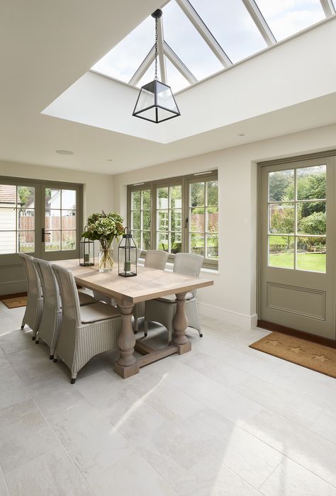 Kitchen Extension With Roof Lantern, Lantern Roof Extension, Orangery Dining Room, Orangery Interior, Glass Roof Extension, Orangery Roof, Kitchen Orangery, Dining Room Inspo, Lounge Room Styling