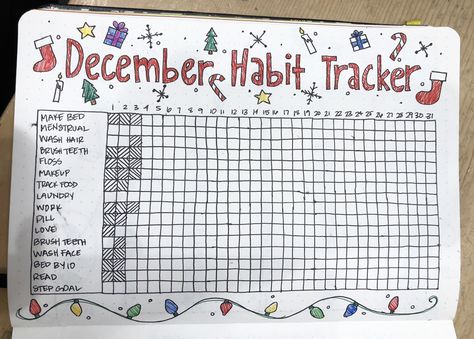 Christmas Habit Tracker Bullet Journal, December Habit Tracker Bullet Journal, Habit Tracker Christmas, Christmas Habit Tracker, December Habit Tracker, Bullet Journal Water Tracker, Bullet Journal Monthly Calendar, Christmas Draw, Bullet Journal Christmas