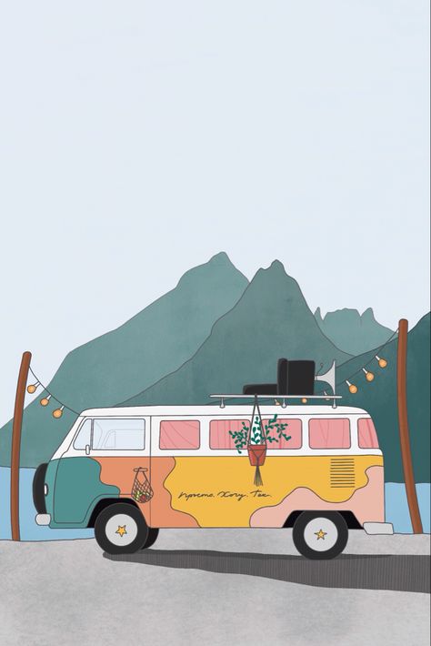 Retro Van Illustration, Van Life Painting, Van Life Illustration, Vanlife Illustration, Van Life Drawing, Camper Van Illustration, Van Sketch, Van Illustration, Van Photography