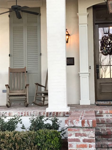 White House Tan Shutters, Greige Brick House Exterior, Alabaster House With Shutters, Old Farmhouse Exterior Paint Colors, Red Brick White Siding, Shutter Colors For White House, German Shmere Brick House, Brick Exterior, Traditional Shutters