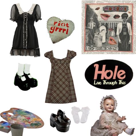 dress shoes hole courtney love doll baby  paint dazey and the scouts 90s art thrift Riot Girl Outfits, Riot Grrrl Aesthetic Outfits, 90s Riot Grrrl Fashion, Kinderwhore Makeup 90s Fashion, 80s Grunge, Kinderwhore 90s Riot Grrrl, Kinderwhore 90s Riot Grrrl Style, 90s Grunge Kinderwhore Outfits, Kinderwhore 90s Grunge Style