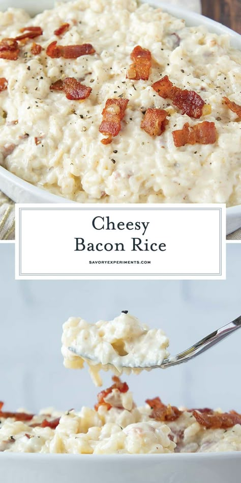 When you just need a big scoop of comfort, this EASY Cheesy Bacon Rice is perfect! A quick & simple side dish full of flavors the whole family will enjoy. #cheesybaconrice #easysidedish #easyricerecipes #cheesyrice www.savoryexperiments.com Cheesy Baked Rice Recipes, Cheesy White Rice, Rice Bacon Recipes, Bacon And Rice Recipes, Rice And Cream Cheese Recipes, Rice And Bacon Recipes, Minute Rice Recipes Side Dish Simple, Easy Minute Rice Recipes, Rice Recipes Cheesy