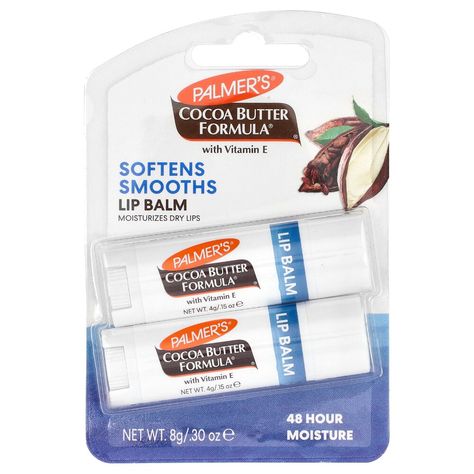 iHerb offers free shipping on orders over $25. Softens Smooths Moisturizes Dry Lips 48 Hour Moisture No Animal Ingredients or Testing Family Owned & Operated® Soften and Smooth lips with Palmer's® Cocoa Butter Formula® Lip Balm, crafted with intensively moisturizing Cocoa Butter and Vitamin E. Locks in hydration to protect lips from chapping, cracking or environmental damage. Cocoa Butter (Theobroma Cacao): Naturally harvested from cocoa beans, cocoa butter is a rich, nutrient-packed super ingredient loaded with antioxidant CMPs (Cocoa Mass Polyphenols) for superior moisture.