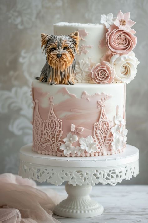 Chic Yorkshire Terrier Cake Design for a Posh Pup Party Dog Birthday Wishes, Cake 2 Tier, Jesus Clothes, Two Tier Cake, Amazing Food Decoration, Dog Birthday Cake, Animal Cakes, Dog Cakes, Dog Cake