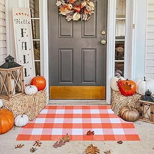 Fall Outdoor Orange and White Plaid Rug - 28 x 43 Inches Cotton Hand-Woven Checked Rug Layered Doormats for Front Door Porch Farmhouse Entryway Patio Outdoor Deck Kitchen, Fall Front Door Decorations, Deck Kitchen, Porch Entrance, Kitchen Porch, Plaid Rug, Front Door Porch, Fall Stuff, Rug Outdoor