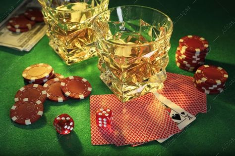 Casino chips, dice, playing cards and glasses of whiskey on green table Silly Rabbit, Casino Table, White Trash, Green Table, Casino Chips, Lucky Clover, Seven Deadly Sins, Green Aesthetic, Dumb And Dumber