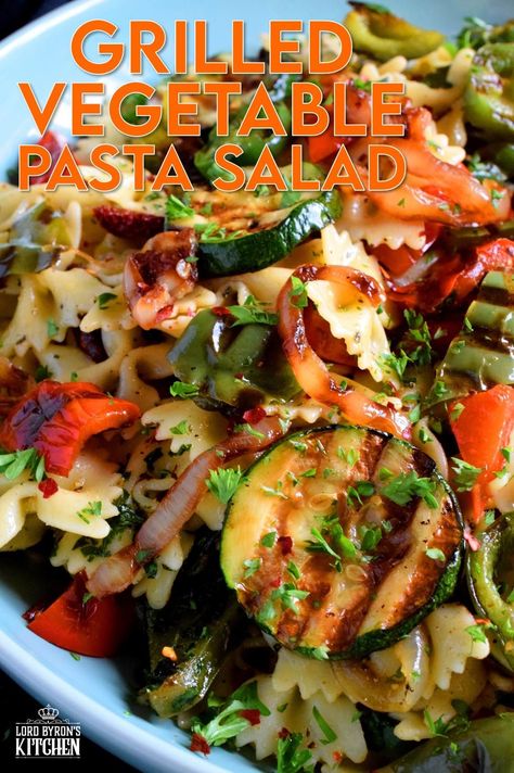 Perfectly charred bell peppers, onions, jalapenos, and zucchini make up this Grilled Vegetable Pasta Salad. Tossed with a simple, easy to make, light, oil-based homemade dressing, this is a perfect summer side! Serve warm or at room temperature! #grilled #vegetable #veggies #pasta #salad #summer #side #picnic #backyard Veggies Pasta Salad, Grilled Vegetable Pasta, Vegetable Pasta Salad, Picnic Backyard, Veggies Pasta, Vegetable Pasta Salads, Vegetable Pasta, Fettuccine Alfredo, Homemade Dressing