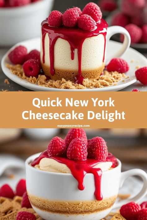 A delicious New York cheesecake mug cake topped with raspberries and berry sauce, served on a white plate. Cheesecake Mug Cake, Mug Cheesecake, Classic New York Cheesecake, Easy Mug Cake, Easy Zucchini Recipes, Mug Cake Recipe, Pot Recipes Healthy, Easy Peasy Recipes, Classic Cheesecake