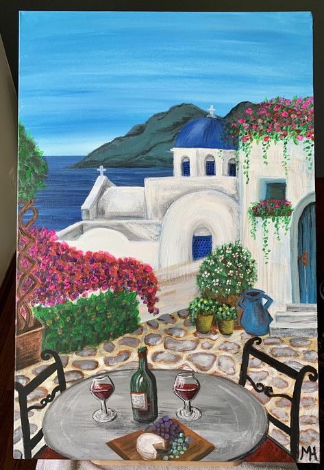 Mama Mia Painting Ideas, Santorini Painting, Beachy Paintings, Greece Painting, Greek Paintings, Pink Canvas Art, Mediterranean Art, Greece Art, Art Village