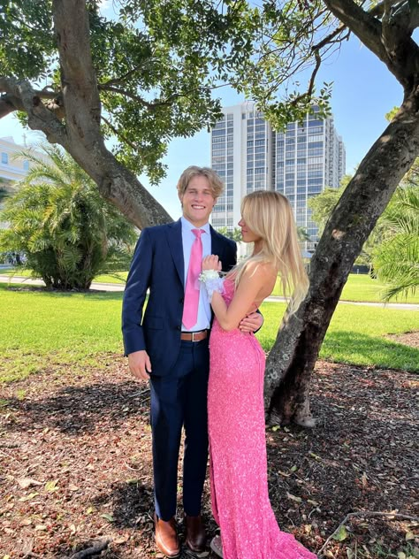 Navy And Pink Homecoming Couple, Prom Dresses With Navy Suit, Navy And Pink Prom Couples, Light Pink Prom Dress With Navy Blue Suit, Bright Pink Prom Couple, Pink And Blue Prom Couple, Homecoming Couples Outfits Pink, Pink Prom Dress And Tux Ideas, Light Pink Prom Dress With Date