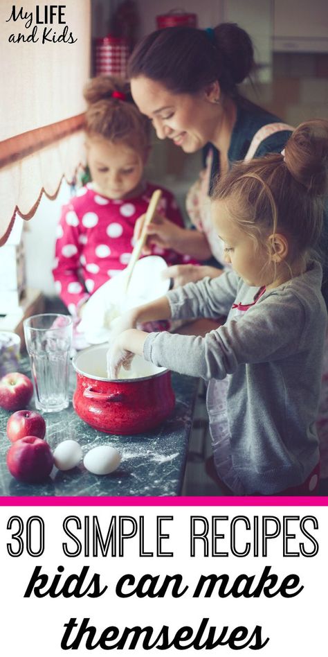 Cooking with Kids. Get your kids in the kitchen with these 30 easy recipes for kids! My son wouldn't eat some of these foods, until he learned how to make them himself. Super simple recipes that your kids can make themselves. Also great first-time recipes for cooking with toddlers. Super Simple Recipes, Easy Recipes For Kids, Recipes Kids Can Make, Cooking With Toddlers, Kids In The Kitchen, Kid Chef, Kids Cooking Recipes, Recipes Baking, Kids Cooking