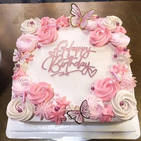 2 Kg Square Cake Design, Pink Flower Sheet Cake, Square Butterfly Cake, Birthday Cake Ideas Rectangle, Butterfly Birthday Sheet Cake, Square Cake Decorating Ideas Simple, Birthday Cake Square Ideas, Sweet 16 Sheet Cake Ideas, Decorating Square Cakes