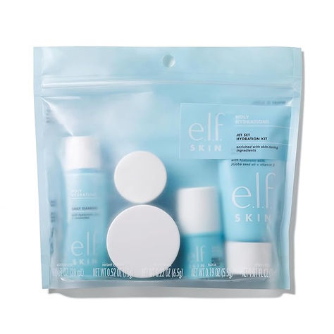 SKINCARE ON THE GO: The e.l.f. Jet Set Hydration Kit contains all of your skincare favourites in a TSA-ready travel-sized kit. The kit includes a Cleanser (30ml), Hydrating Balm (6g), Moisturizer (25ml), Eye Cream (7g) and Night Cream (15g). Hydrating Skincare, Skincare Set, Skin Care Essentials, Night Cream, Face Cleanser, Night Creams, Eye Cream, Facial Cleanser, Jojoba Oil