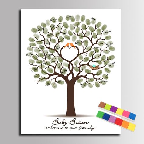 Guest Book Fingerprint Signature Tree Painting Family Birds Canvas Painting Fingerprint Baby Shower Gift Thumbprint Tree Wedding, Fingerprint Guest Book Wedding, Wedding Fingerprint Tree, Guest Book Canvas, Fingerprint Wedding, Diy Guest Book, Wedding Tree Guest Book, Tree Painting Canvas, Fingerprint Tree