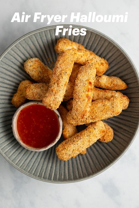 These delicious Air Fryer Halloumi Fries are the perfect appetizer or snack. Cooked until they're perfectly crisp on the outside and soft and tender in the middle, these cheese fries are so easy to make and are delicious! Ready in just under 20 minutes. Air Fryer Halloumi Recipes, Air Fryer Tapas, Air Fried Halloumi, Airfryer Appetizer Recipes, Air Fryer Halloumi Fries, Hallumi Recipes Air Fryer, Halloumi Fries Air Fryer, Halumi Cheese Air Fryer, Halloumi Air Fryer