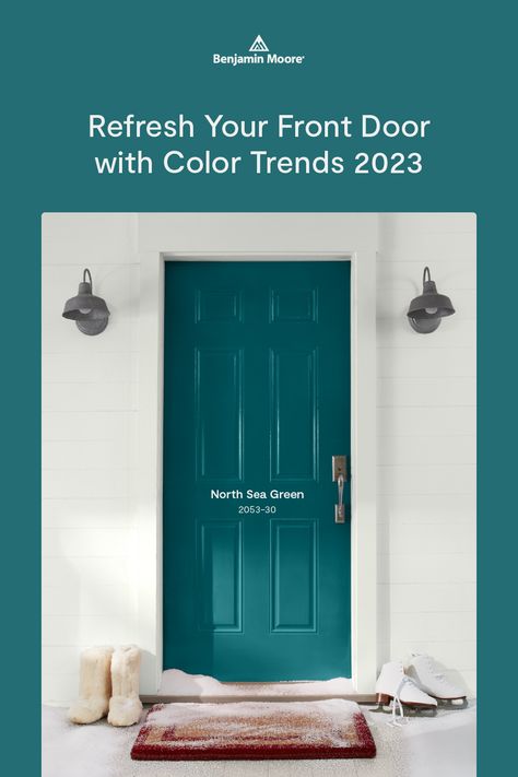 Refresh your front door with a bold paint color from our Color Trends 2023 palette like North Sea Green 2053-30. Front Door Colours 2023, Teal Door Colors, Front Door Color Trends 2023, Popular Front Door Colors 2023, Turquoise Front Door Colors, Dark Teal Doors Front Entrance, Teal Entry Door, Dark Teal Front Door, Front Door Colors Inside