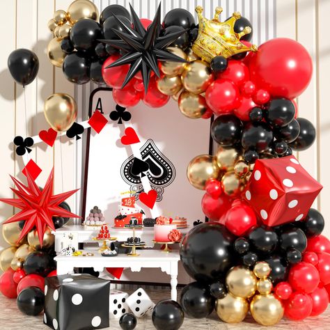 PRICES MAY VARY. ♠️ Casino Night Theme Balloon Garland Kit - This 104pcs 5 inch/10 inch/18 inch latex balloons pack include black balloons (5" 15pcs+10" 20pcs+18" 1pc), red balloons (5" 15pcs+10" 15pcs+18" 1pc), gold metallic balloons (5" 15pcs+10" 15pcs), 24" dice foil balloons (red 1pc, black 1pc), 27" starburst foil balloons (red 1pc, black 1pc), 10" gold crown foil balloons 1pc, 16ft balloon strip tape (1 roll), 100pcs glue dot (1 roll). ♠️ Premium & Durable Materials - This casino nignt the Vegas Theme Party, Fest Temaer, Party Girlande, Casino Decorations, Poker Party, Balloon Chain, Gold Party Decorations, Metallic Balloons, Balloon Kit