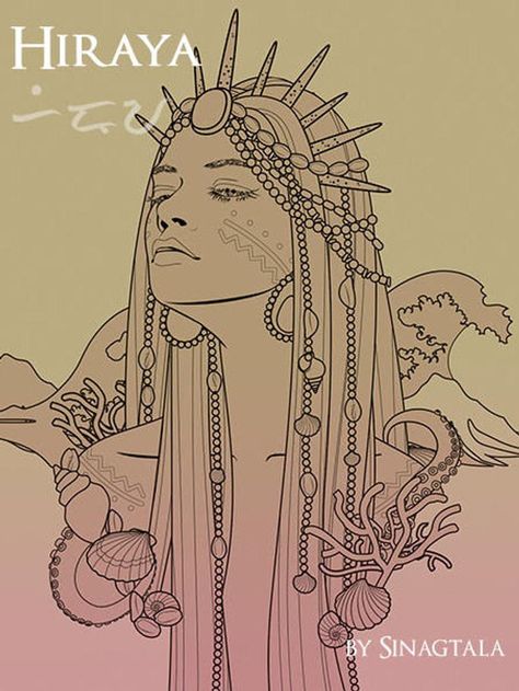 Filipino goddess of the sea Filipino Goddess Tattoo, Goddess Of The Sea Costume, Indigenous Filipino Art, Aman Sinaya, Filipino Mythology Art, Goddess Of The Sea Tattoo, Mayari Goddess, Philippine Mythology Art, Filipino Drawing