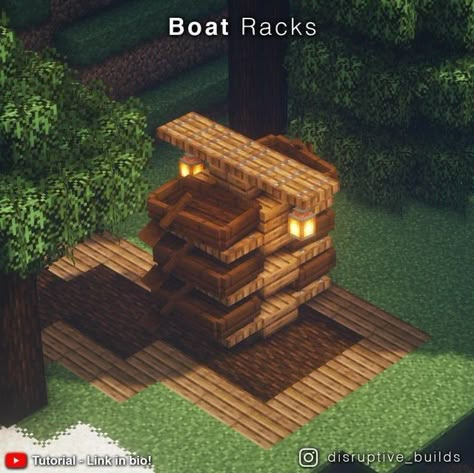 Boat Design Minecraft, Minecraft River Decoration, Boat Deck Minecraft, Porch Ideas Minecraft, Minecraft Boat Storage, Boat Racks Minecraft, Modern Minecraft Village, Minecraft Dock Decoration, Minecraft Interior Design Cottagecore