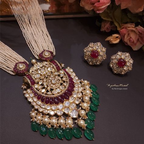 Ajantaa Phool - Moissanite Polki Long Pendant Necklace Set Open Setting Polki Pandent, Jadau Long Necklace, Long Polki Necklace, Jadau Pendant Set, Polki Long Necklace, Polki Pendant Set, Kundan Pendant Set, Polki Pendant, Mughal Jewelry