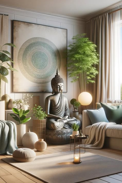 Zen House Decor Living Room, Living Room Buddha Interior Design, Budha Decoration Living Room, Budha Decoration Bedroom, Zen Space Room Ideas, Buddha Corner Decor, Zen Meditation Room Ideas, Home Entrance Decor Buddha, Buddha Decor Ideas