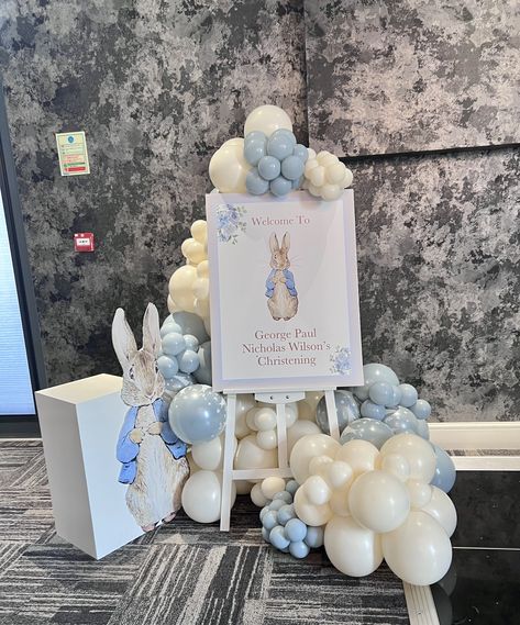 Peter Rabbit Welcome Sign, Peter Rabbit Outfit, Peter Rabbit Backdrop, Peter Rabbit First Birthday Boys, Peter Rabbit Baby Shower Ideas, Peter Rabbit Balloons, Rabbit Theme Party, Peter Rabbit Christening, Peter Rabbit First Birthday