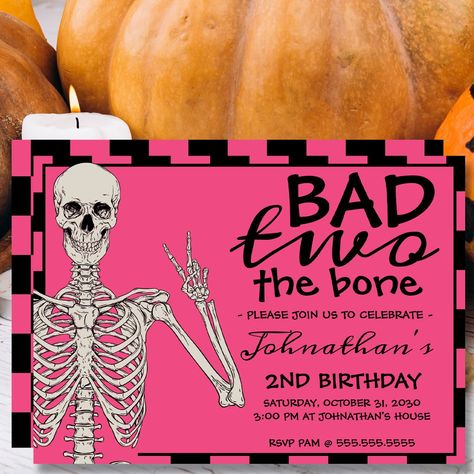 Celebrate your little one's milestone in style with our "Pink Bad Two The Bone Halloween 2nd Birthday Party Invitation"! This unique and playful invitation is perfect for a girl’s birthday party in October, bringing a spooky yet adorable vibe to the celebration. The design features a charming skeleton flashing a peace sign, set against a bold black and white backdrop with pink accents, perfectly blending cute and creepy for a memorable "Two Scary" theme.  Our editable "Two Spooky" Halloween invite makes it easy to customize the details for your child's second birthday party. With a few clicks, you can personalize the text to include your event's specifics, ensuring that every guest receives all the information they need in a stylish and eye-catching format. The digital invitation template Two Spooky 2nd Birthday Party Girl, Halloween 2nd Birthday Party, Black And White Backdrop, Bad Two The Bone, Two Spooky, Halloween Invite, 2nd Birthday Party Themes, 2nd Birthday Party, Girl 2nd Birthday