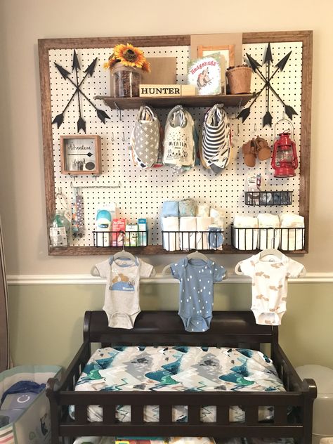 Pegboard In Nursery, Pegboard Nursery Ideas, Pallet Nursery Ideas, Mountain Man Nursery, Workshop Nursery Theme, Best Nursery Furniture, Jeep Themed Nursery, Garage Theme Nursery, Camper Nursery Ideas