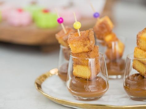 Pound Cake Churro Bites Recipe | Fake Bake | Food Network Pound Cake Bites, Churro Bites Recipe, Churro Bites, Pool Party Kids, Sugar Donut, Cake Bites, Fake Bake, Cinnamon Sugar, Pound Cake