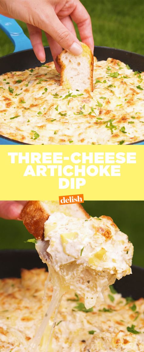 Baked Three-Cheese Artichoke Dip Articoke Dip, Cheese Artichoke Dip, Three Cheese Artichoke Dip, Spinach And Artichoke Dip Recipe Applebees, Baked Three Cheese Spinach Artichoke Dip Southern Living, Baked Dip, Tgif Spinach Artichoke Dip, Cheesy Dip, Delicious Dips