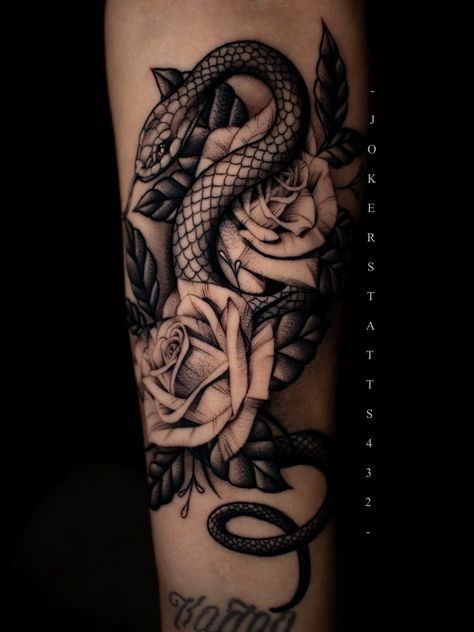 Snake Rose Tattoo, Snake And Flowers Tattoo, Knife And Rose Tattoo, Rose Tattoo Forearm, Yellow Rose Tattoos, Rose Tattoo Thigh, Rose Tattoo On Arm, Rose And Butterfly Tattoo, Garter Tattoo