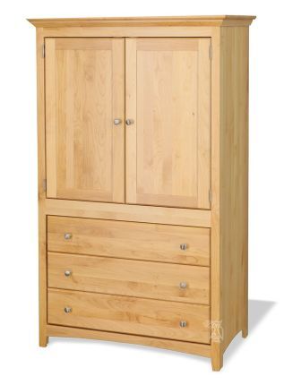 Solid Alder Wood Shaker 2 Door 3 Drawer Wardrobe Armoire. This item is stocked in Natural finish with Nickel hardware or special order in your choice of 27 Amish stains and paints. This shaker style armoire features two doors with hang bar behind the doors. There are three storage drawers below. All Archbold Furniture clothing storage units produced after 9/1/23 are independently certified to meet anti-tip compliance. These items feature 14" full extension glides, high-density back panel, and interlocking main drawers which only allow one large drawer to open at a time. The Shaker Alder collection features solid alder construction. The drawer boxes are also constructed of solid Alder with English dovetail construction. The drawers are mounted on full-extension ball-bearing glides. Each pie