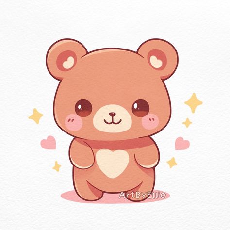 Cute Cartoon Drawings Easy Doodles, Cute Things Cartoon, Kawaii Characters Animals, Chibi Bear Drawing, Kawaii Bear Drawing, Cute Bears Drawing, Bear Chibi Cute, Cute Drawing Animals, How To Draw Kawaii Animals