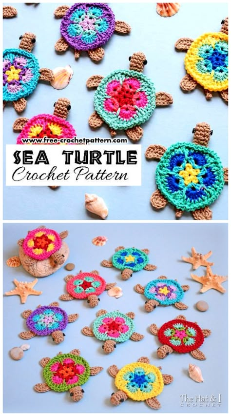 Crochet African Flower Sea Turtle Motif Free Crochet Pattern African Flower Turtle, African Flower Crochet Animals, Appliques Au Crochet, Crochet Turtle Pattern, Crochet African Flowers, Crochet Applique Patterns Free, Flowers Crochet, Crochet Coaster Pattern, Crochet Turtle